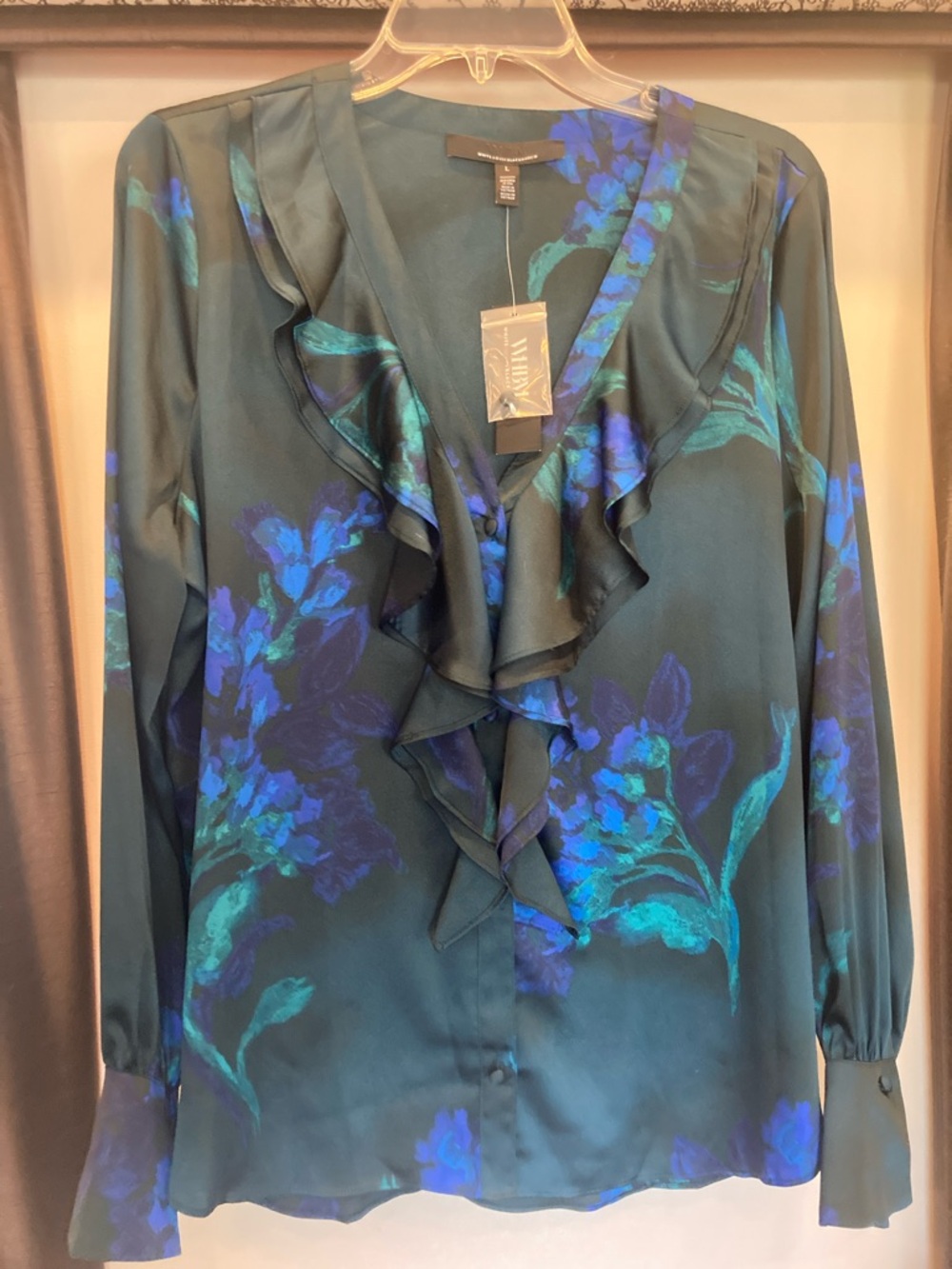 WHBM Emerald Green & indigo Floral pattern/Ruffle Blouse